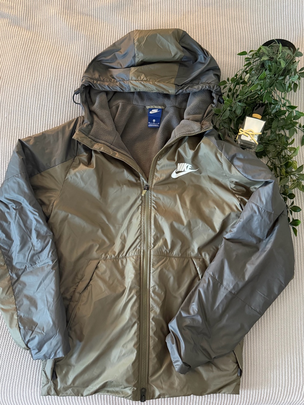 Nike Men’s Olive Hooded Rain Jacket with Fleece Lining